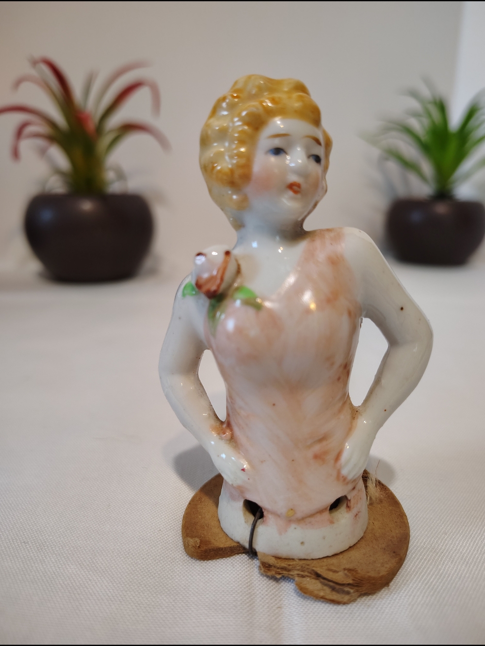 Antique Japan Hand-painted Porcelain  Pincushion Doll. Pink& Roses Lady